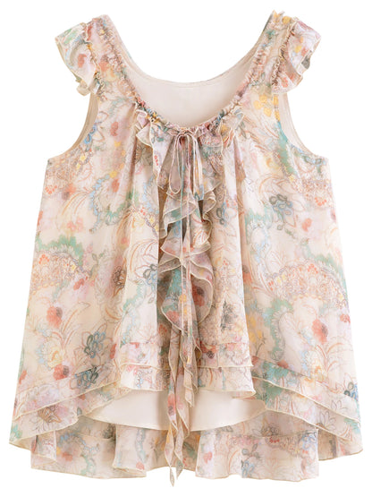 Women's French-Inspired Romantic V-Neck Self-Tie Blouse Ruffle Trim & Matching Separate for Daily