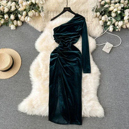 Elegant Chic Velvet Dress French Diagonal Collar Pleated Long Sleeve Evening Women Party Ceremonial Hip Wrap Dress