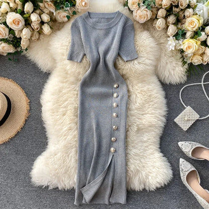 Chic Elastic Knit Split Bodycon Dress Short Sleeve O Neck Women Elegant  Fashion Summer Slim Wrap Pencil Dress