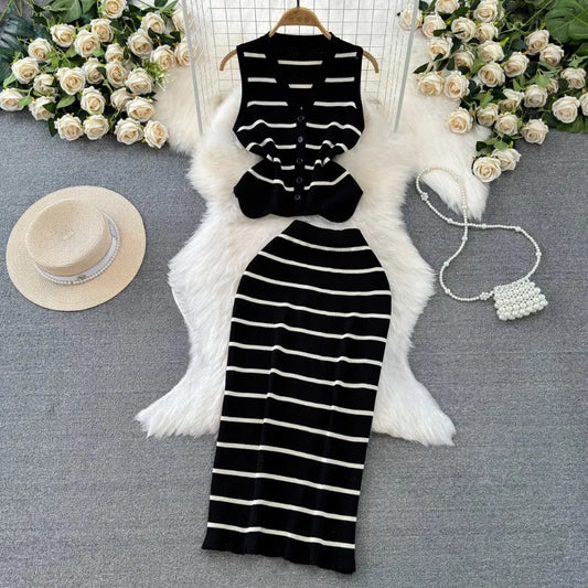 Black White Striped Bodycon Skirts Two Piece Sets