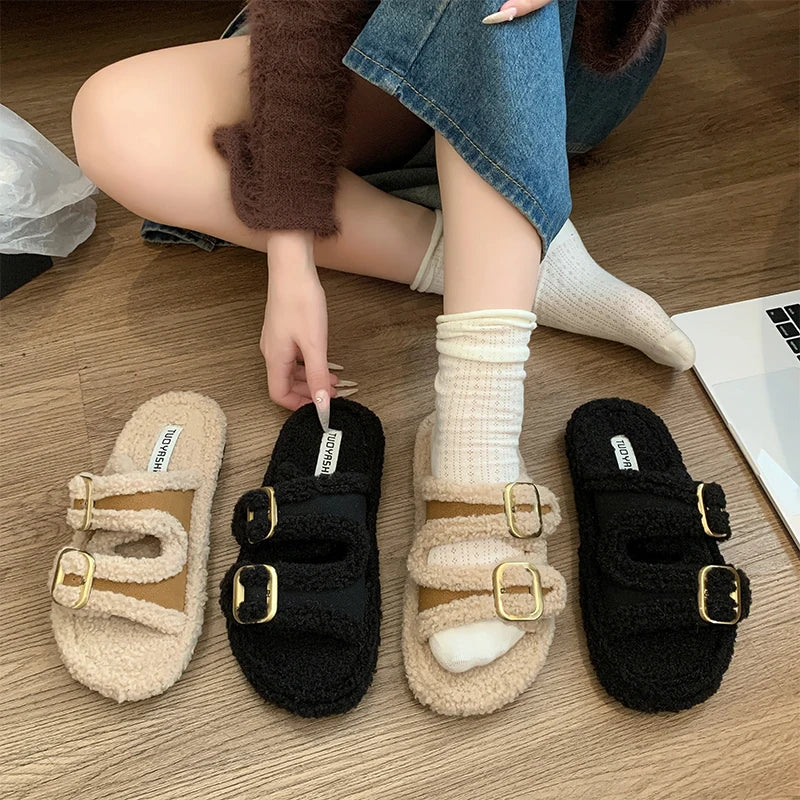 Slippers Casual Shoes Platform Slipers Women Slides Fur Flip Flops Winter Footwear Luxury Massage 2024 Plush Shoes Slippers Casu