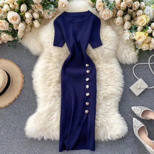 Chic Elastic Knit Split Bodycon Dress Short Sleeve O Neck Women Elegant  Fashion Summer Slim Wrap Pencil Dress